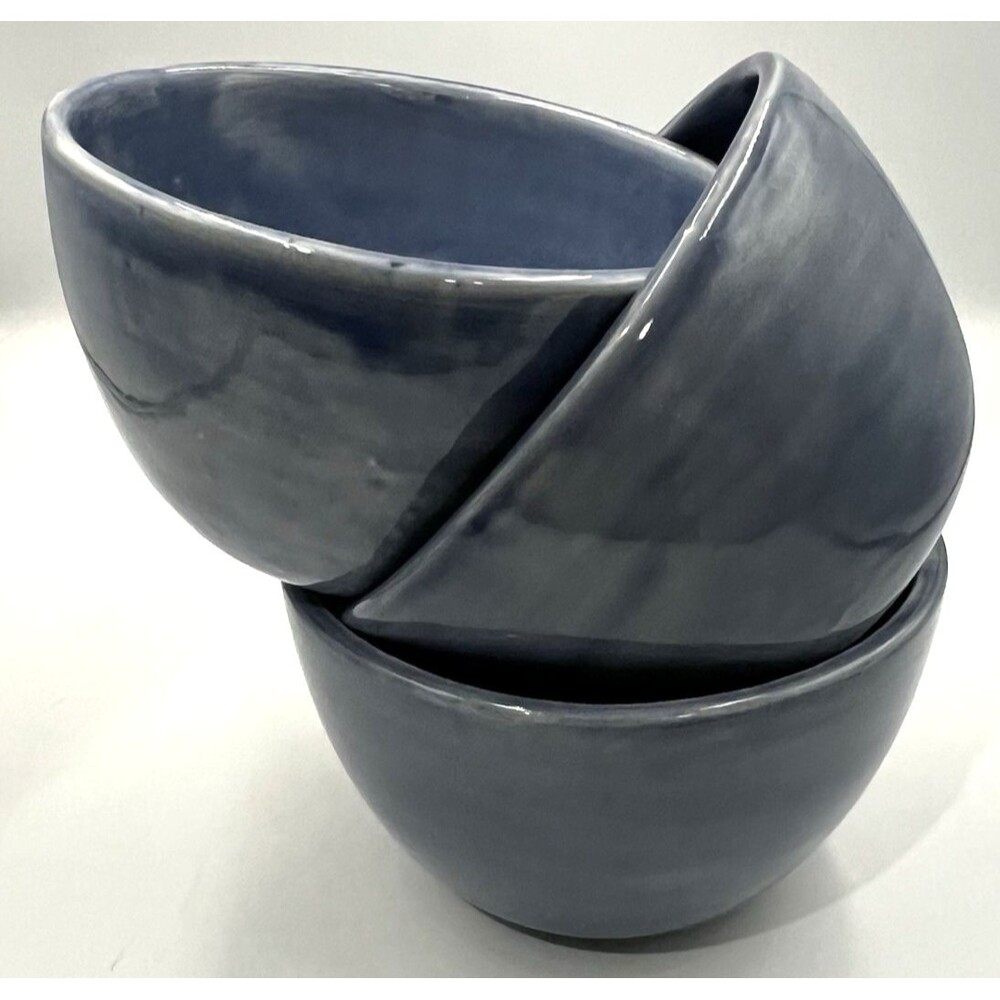 Cereal Bowls Set of 3 Pottery Barn Sausalito Slate Blue Stoneware Soup 6"